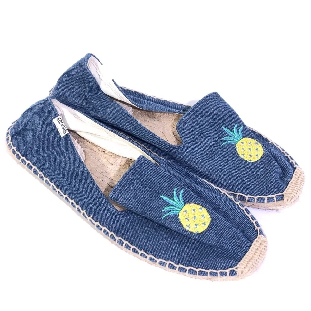 SOLUDOS Embroidered Pineapple Denim Canvas Slip On Beach Summer Espadrilles 8